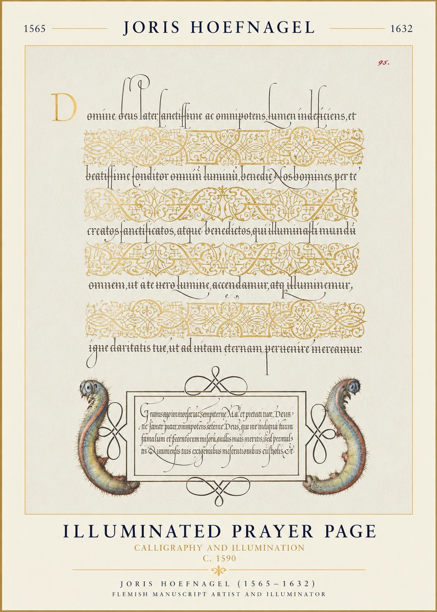 Joris Hoefnagel Calligraphic Page with Gold Ornaments and Sea Creatures No6 - Plakat