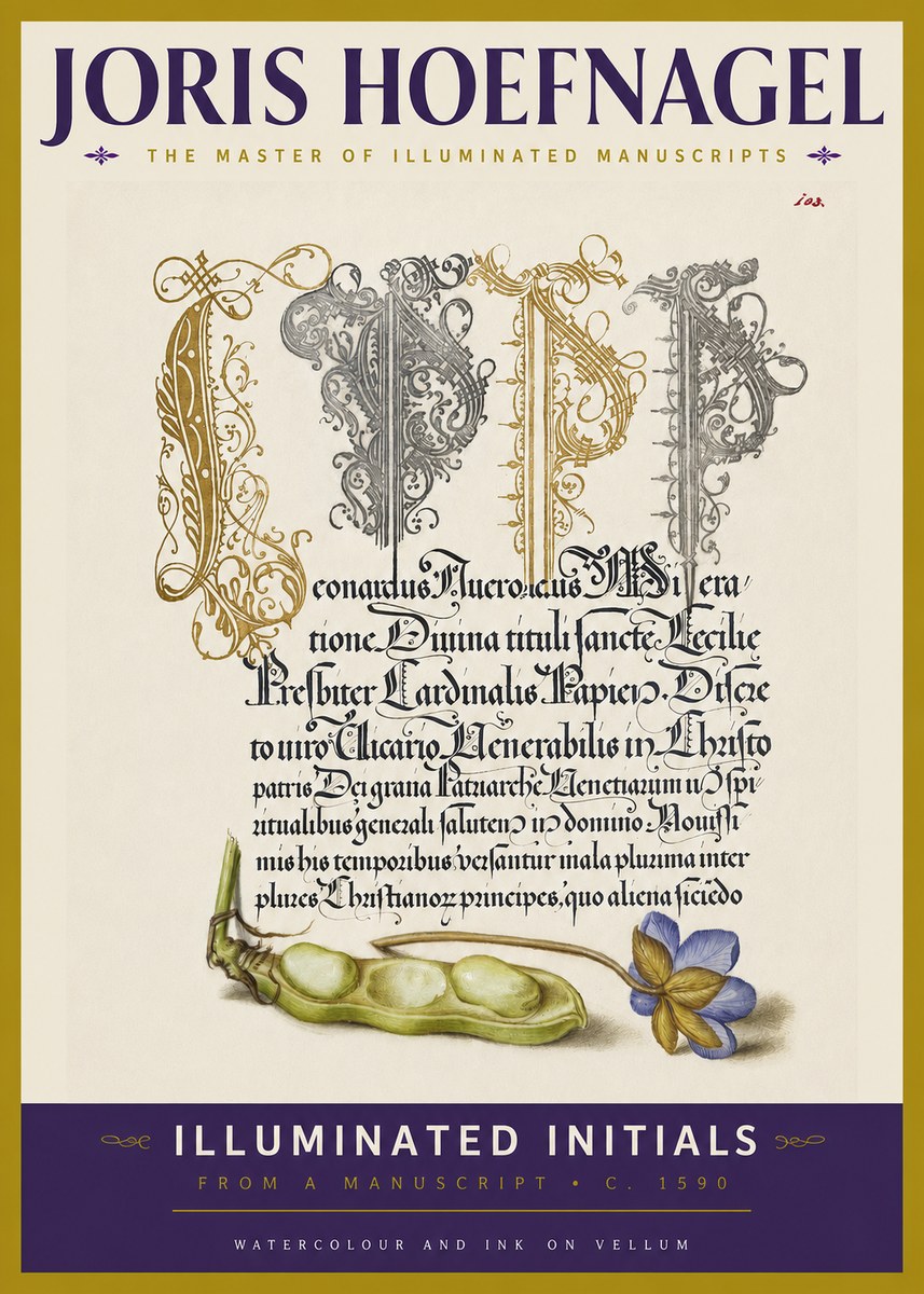 Joris Hoefnagel Illuminated Initials with Peapod and Flower No3 - Plakat