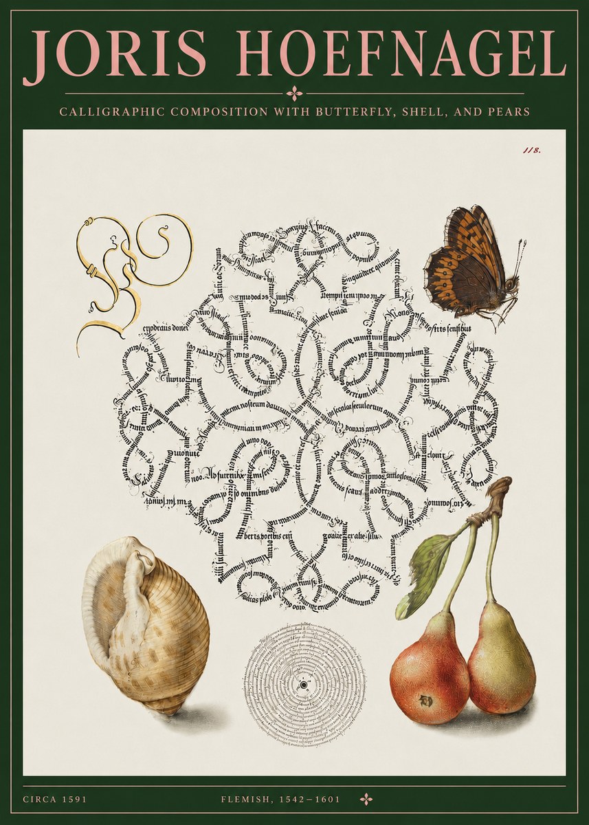 Joris Hoefnagel Calligraphic Composition with Butterfly, Shell, and Pears No3 - Plakat