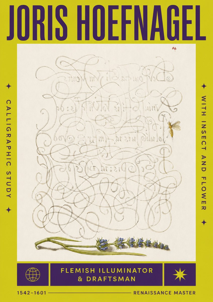 Joris Hoefnagel Calligraphic Study with Insect and Flower No4 - Plakat