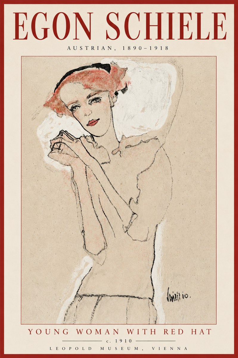 Schiele Young Woman with Red Hat No2 - Plakat