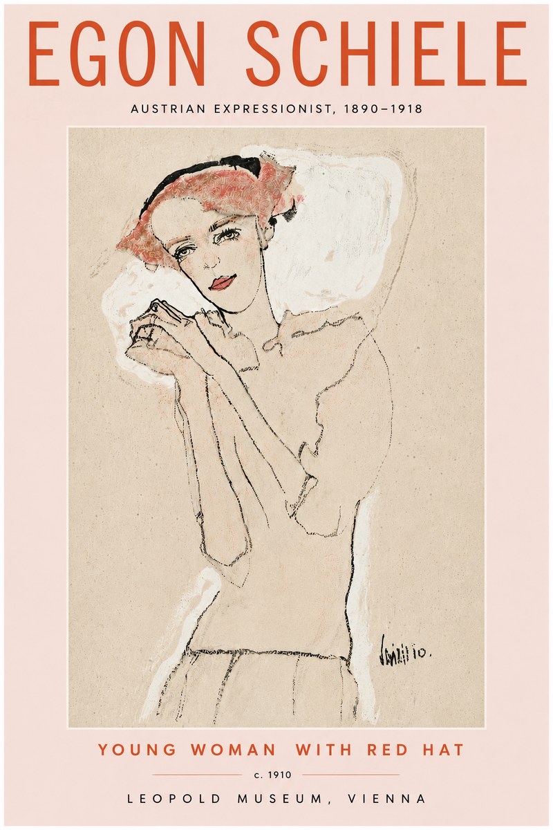 Schiele Young Woman with Red Hat No6 - Plakat