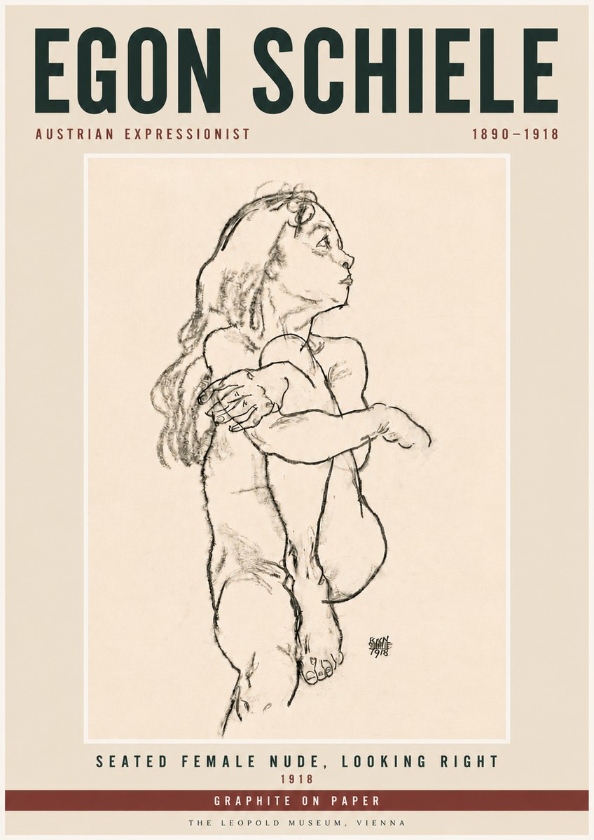 Schiele Seated Female Nude, Looking Right No6 - Plakat