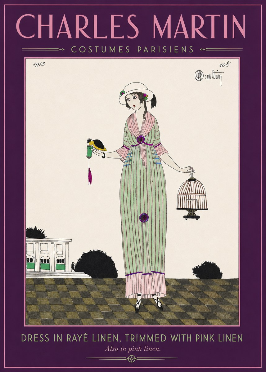 Charles Martin Dress in Rayé Linen, Trimmed with Pink Linen No2 - Plakat