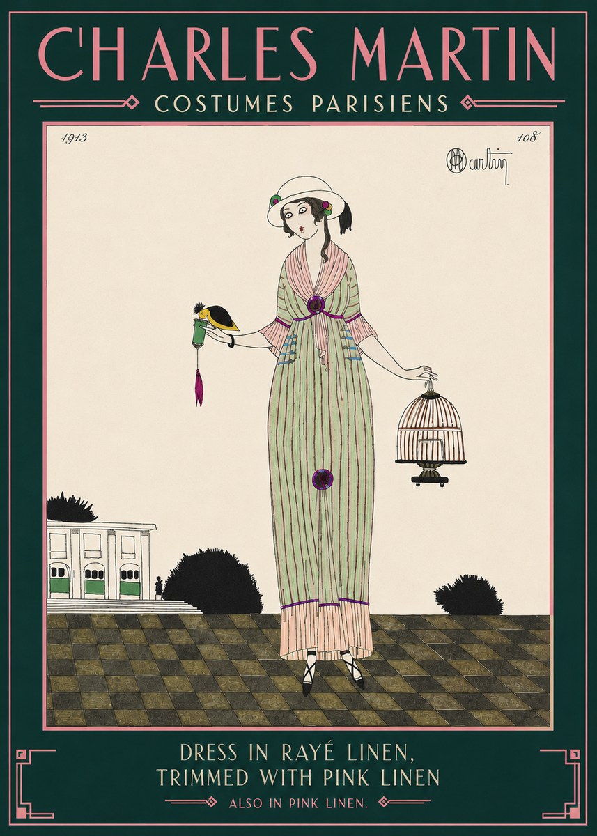 Charles Martin Dress in Rayé Linen, Trimmed with Pink Linen No4 - Plakat