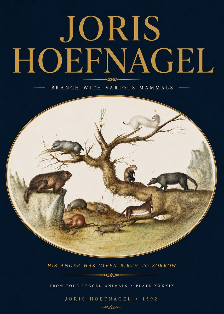 Joris Hoefnagel Branch with Various Mammals No4 - Plakat
