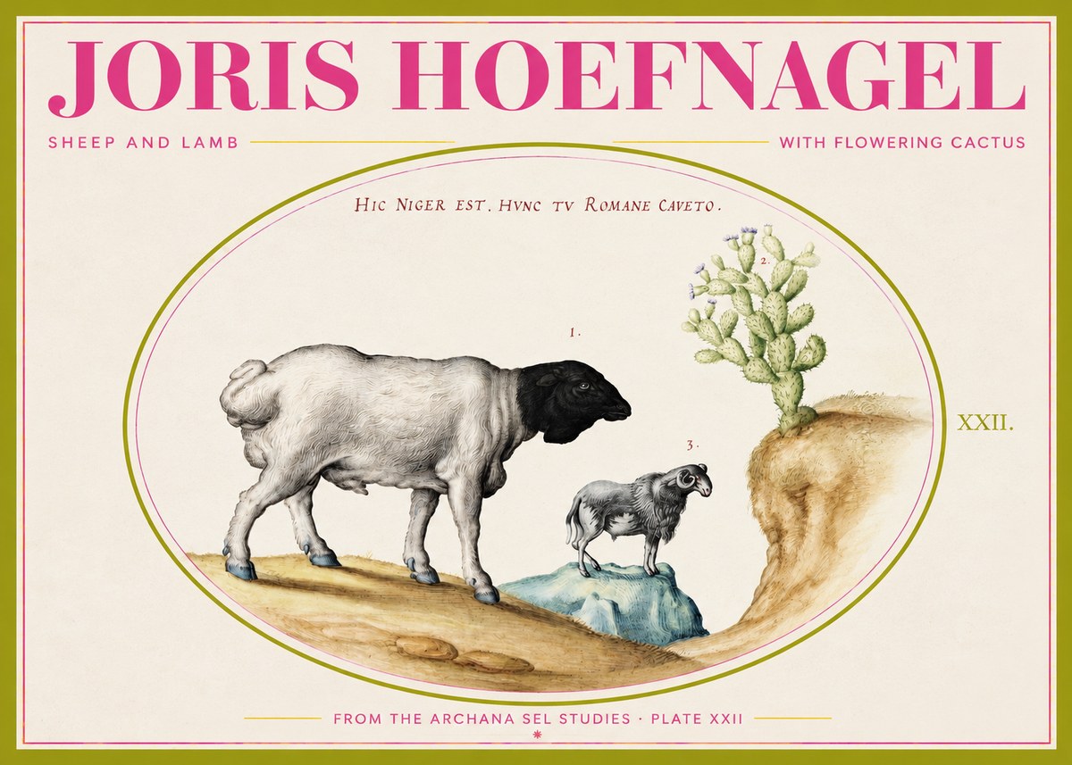 Joris Hoefnagel Sheep and Lamb with Flowering Cactus No2 - Plakat