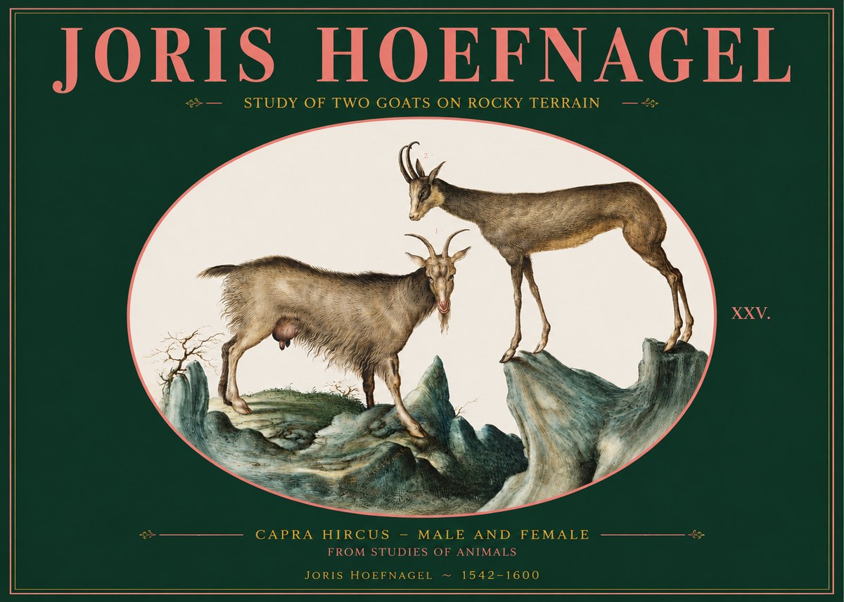 Joris Hoefnagel Study of Two Goats on Rocky Terrain No2 - Plakat