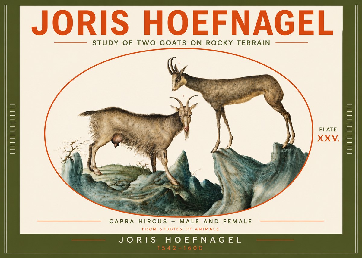 Joris Hoefnagel Study of Two Goats on Rocky Terrain No4 - Plakat