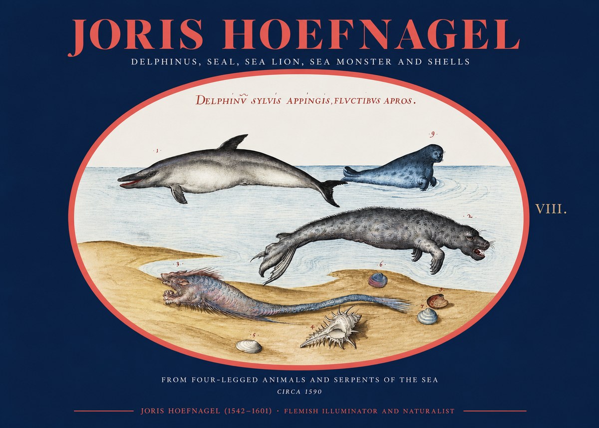 Joris Hoefnagel Delphinus, Seal, Sea Lion, Sea Monster and Shells No2 - Plakat
