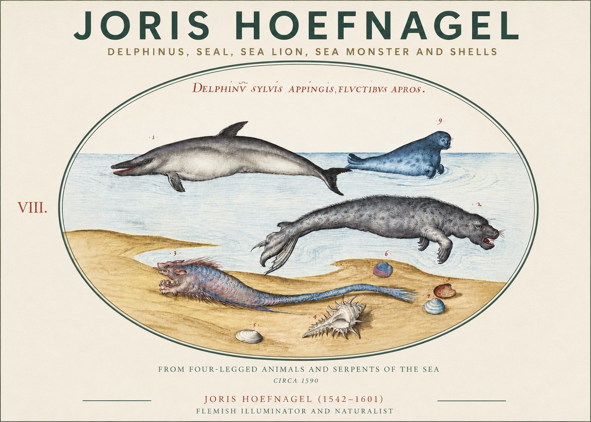 Joris Hoefnagel Delphinus, Seal, Sea Lion, Sea Monster and Shells No3 - Plakat