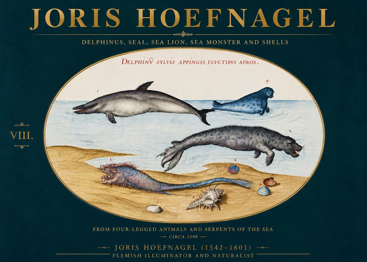Joris Hoefnagel Delphinus, Seal, Sea Lion, Sea Monster and Shells No4 - Plakat