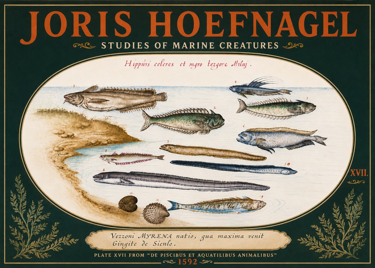 Joris Hoefnagel Plate Xvii from "De Piscibus Et Aquatilibus Animalibus" No4 - Plakat