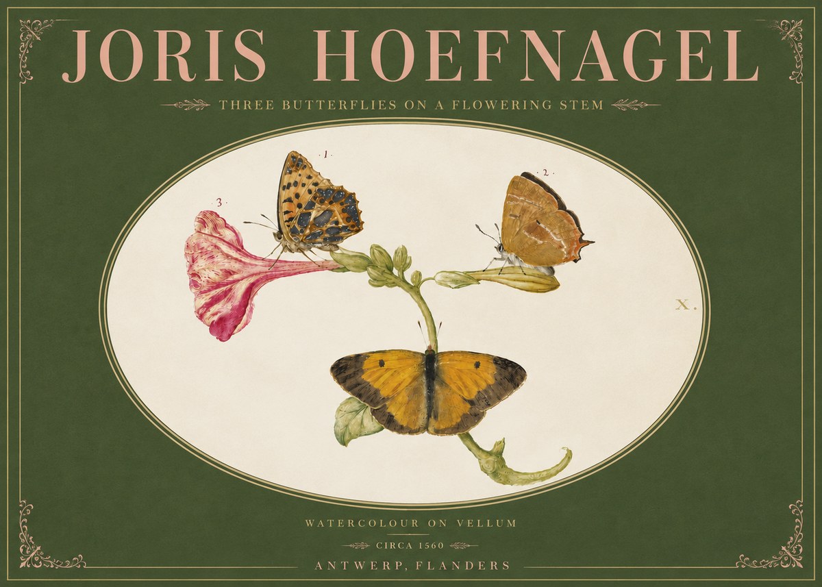 Joris Hoefnagel Three Butterflies on a Flowering Stem No4 - Plakat
