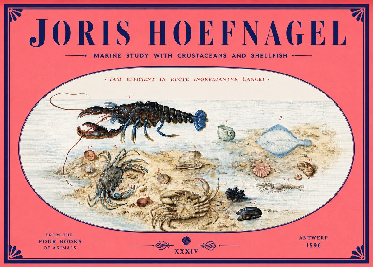 Joris Hoefnagel Marine Study with Crustaceans and Shellfish No4 - Plakat