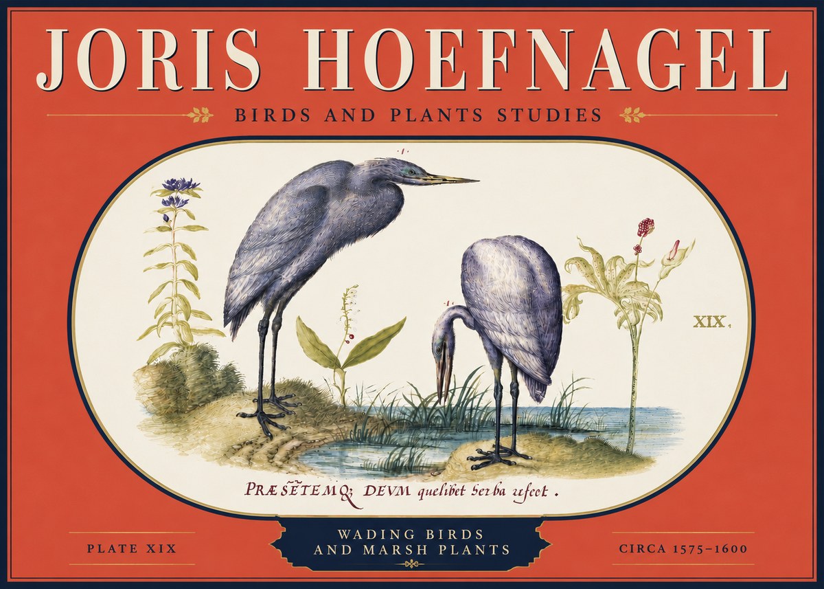 Joris Hoefnagel Wading Birds and Marsh Plants No4 - Plakat