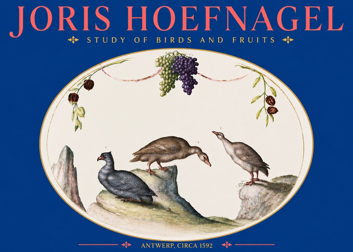 Joris Hoefnagel Three Birds with Grapes and Inscription No5 - Plakat