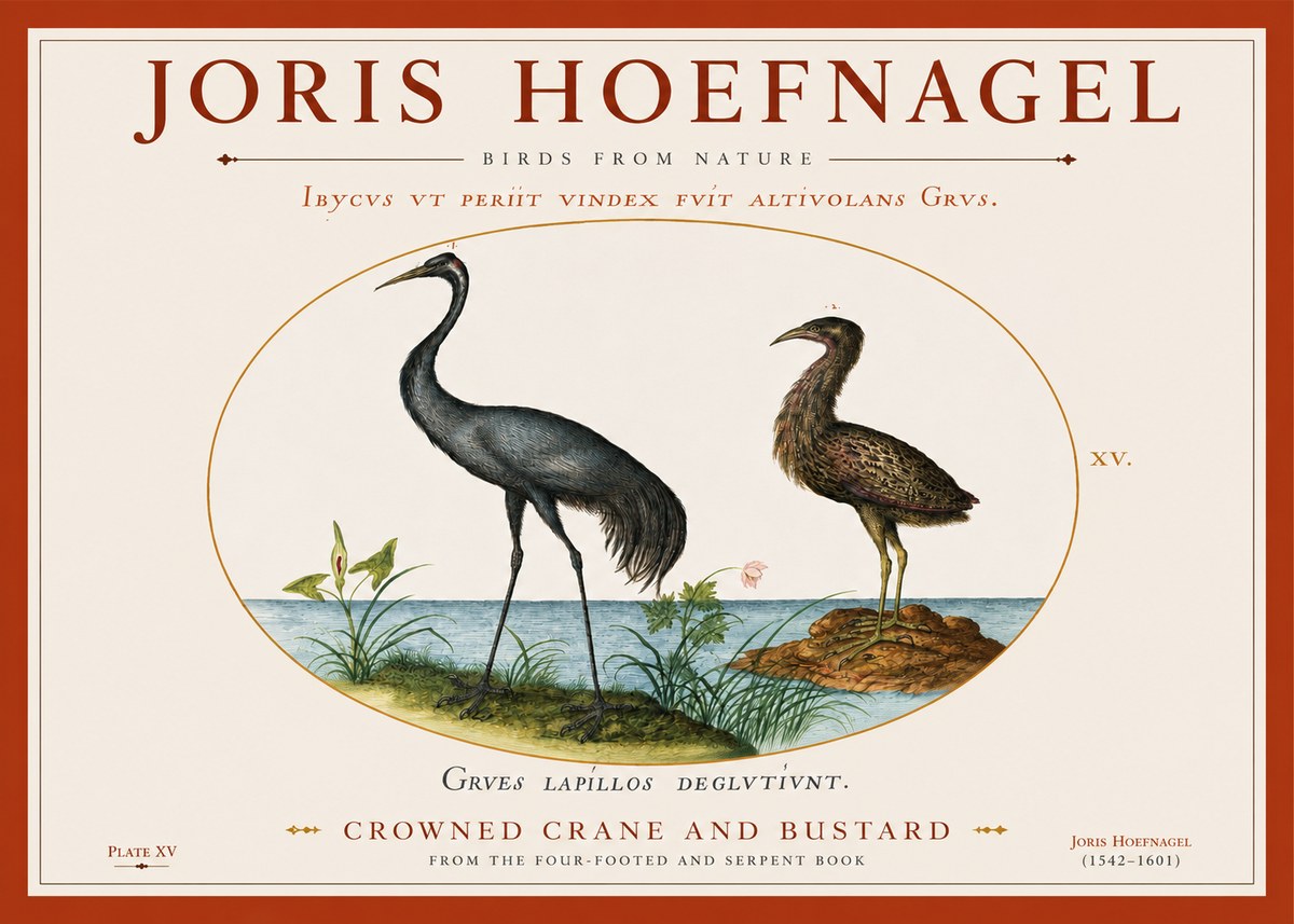 Joris Hoefnagel Crowned Crane and Bustard No3 - Plakat