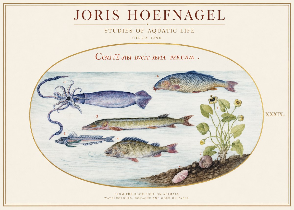 Joris Hoefnagel Comitẽ Sibi Ducit Sepia Percam. No1 - Plakat