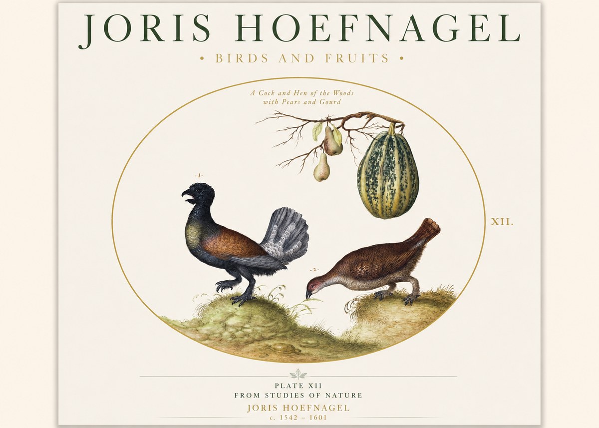 Joris Hoefnagel A Cock and Hen of the Woods with Pears and Gourd No1 - Plakat