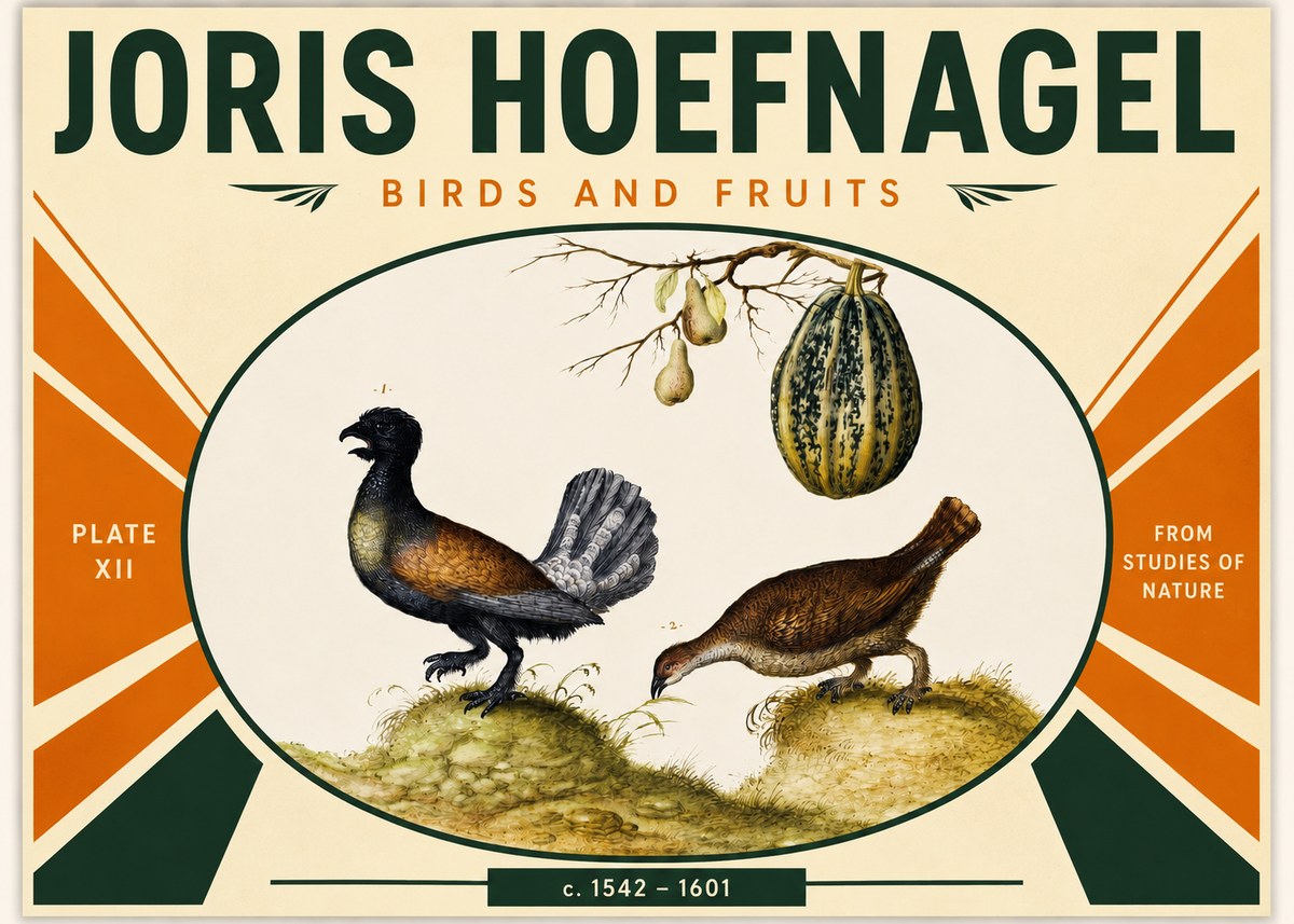 Joris Hoefnagel A Cock and Hen of the Woods with Pears and Gourd No3 - Plakat