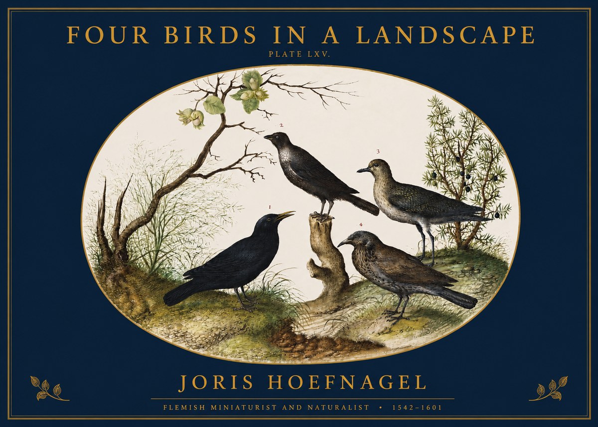 Joris Hoefnagel Four Birds in a Landscape No2 - Plakat