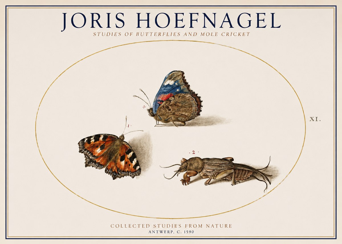Joris Hoefnagel Studies of Butterflies and Mole Cricket No1 - Plakat
