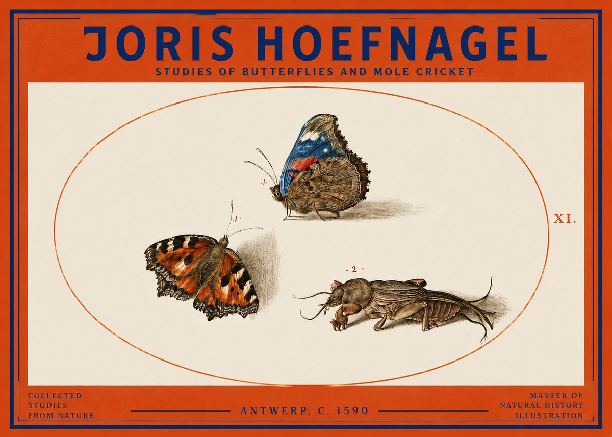 Joris Hoefnagel Studies of Butterflies and Mole Cricket No3 - Plakat