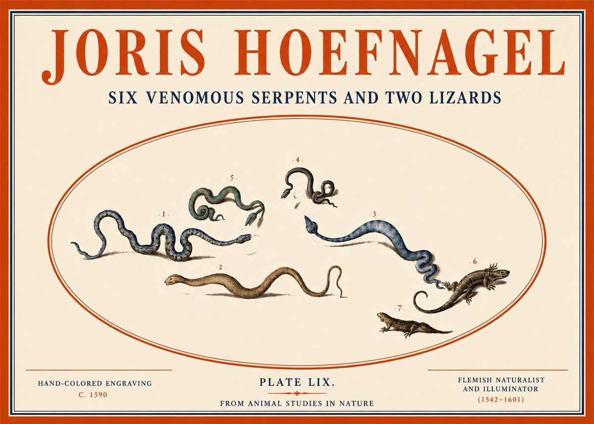 Joris Hoefnagel Six Venomous Serpents and Two Lizards No4 - Plakat