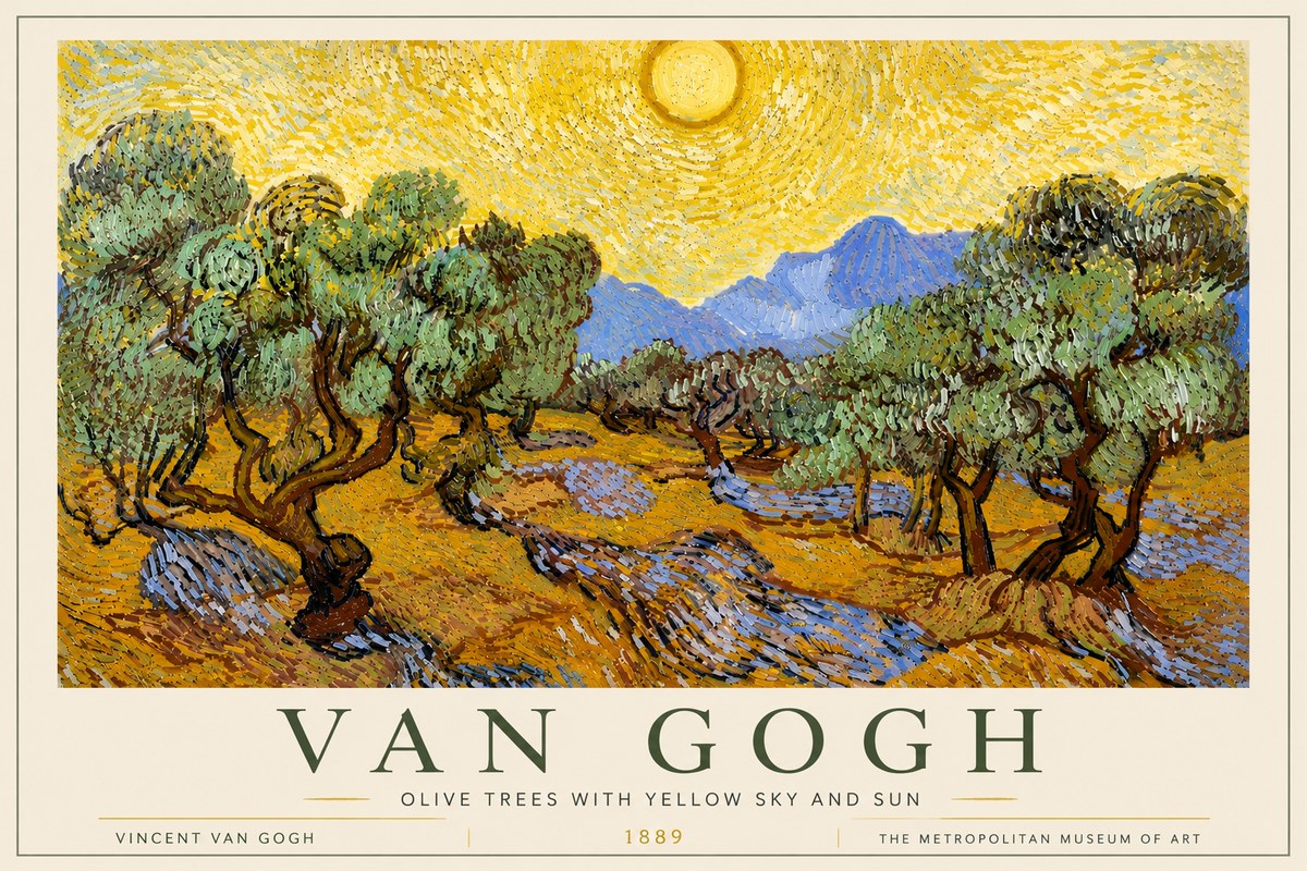Van Gogh Olive Trees with Yellow Sky and Sun No6 - Plakat