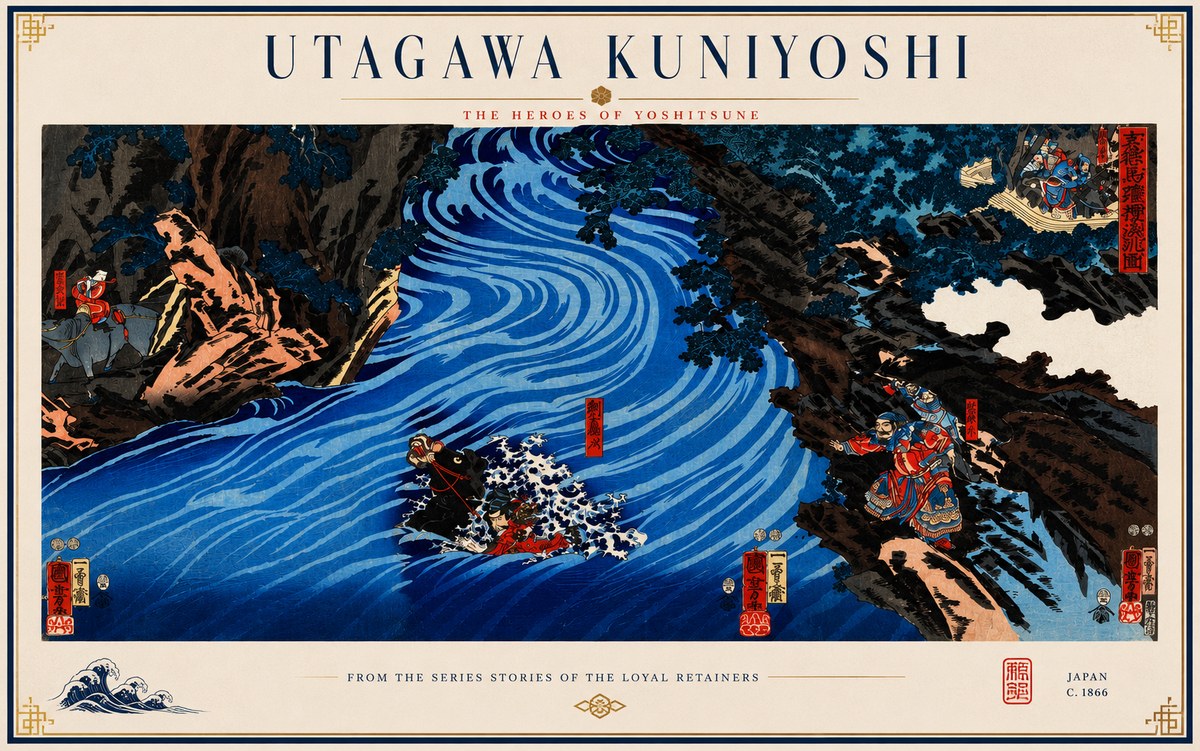Utagawa Kuniyoshi The Heroes of Yoshitsune No3 - Plakat