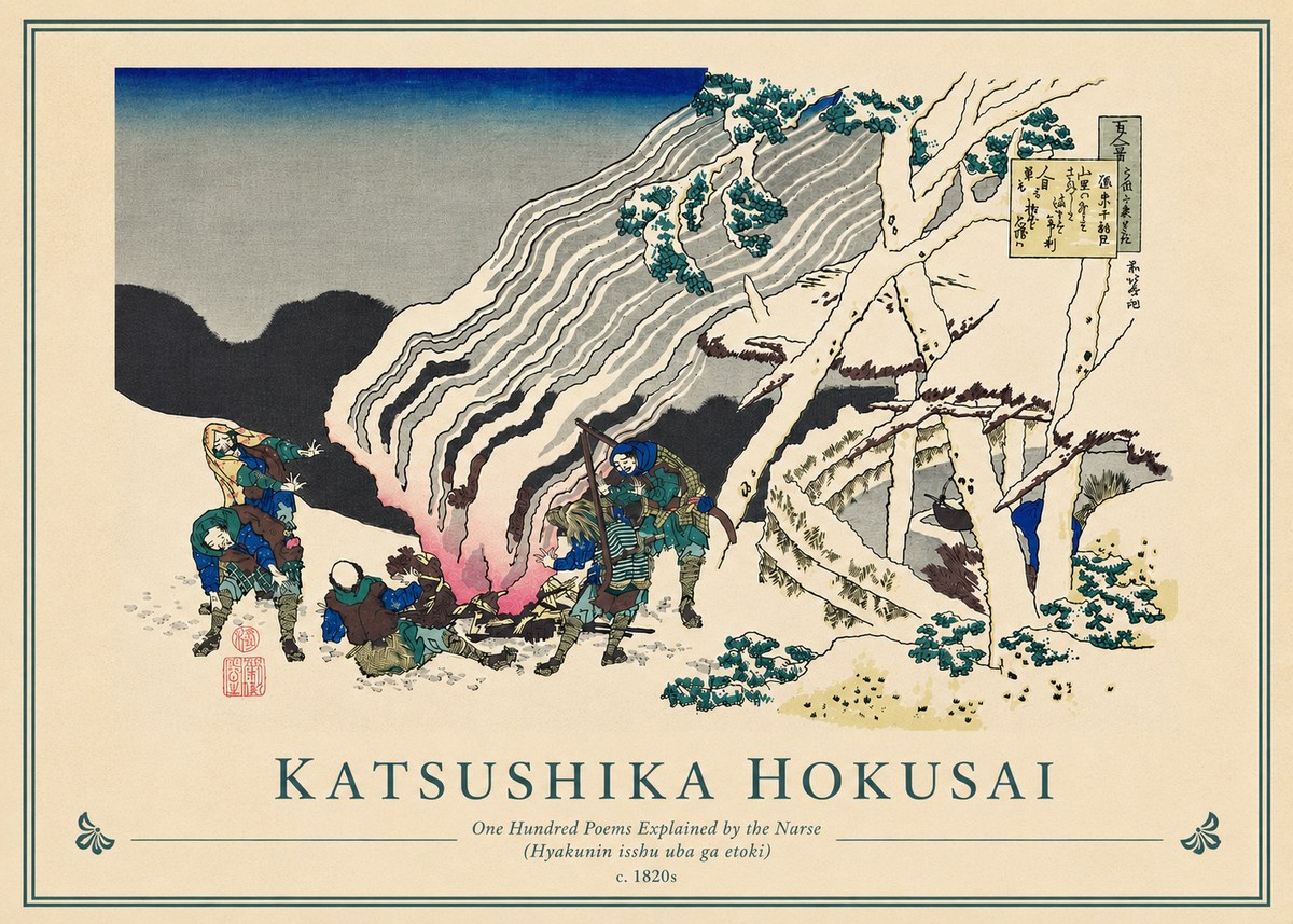 Katsushika Hokusai One Hundred Poems Explained by the Nurse (Hyakunin Isshu Uba Ga Etoki) No5 - Plakat
