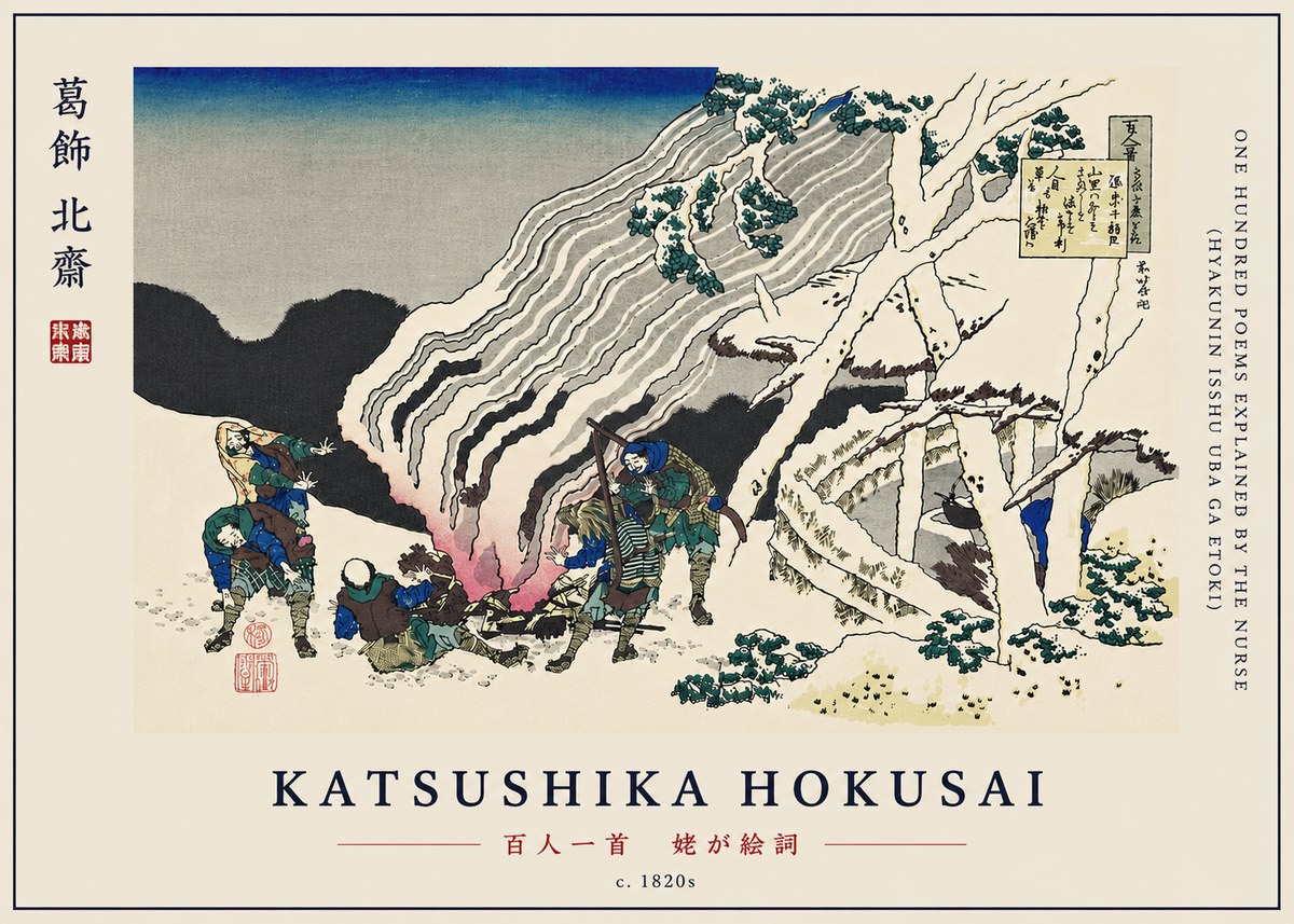 Katsushika Hokusai One Hundred Poems Explained by the Nurse (Hyakunin Isshu Uba Ga Etoki) No7 - Plakat