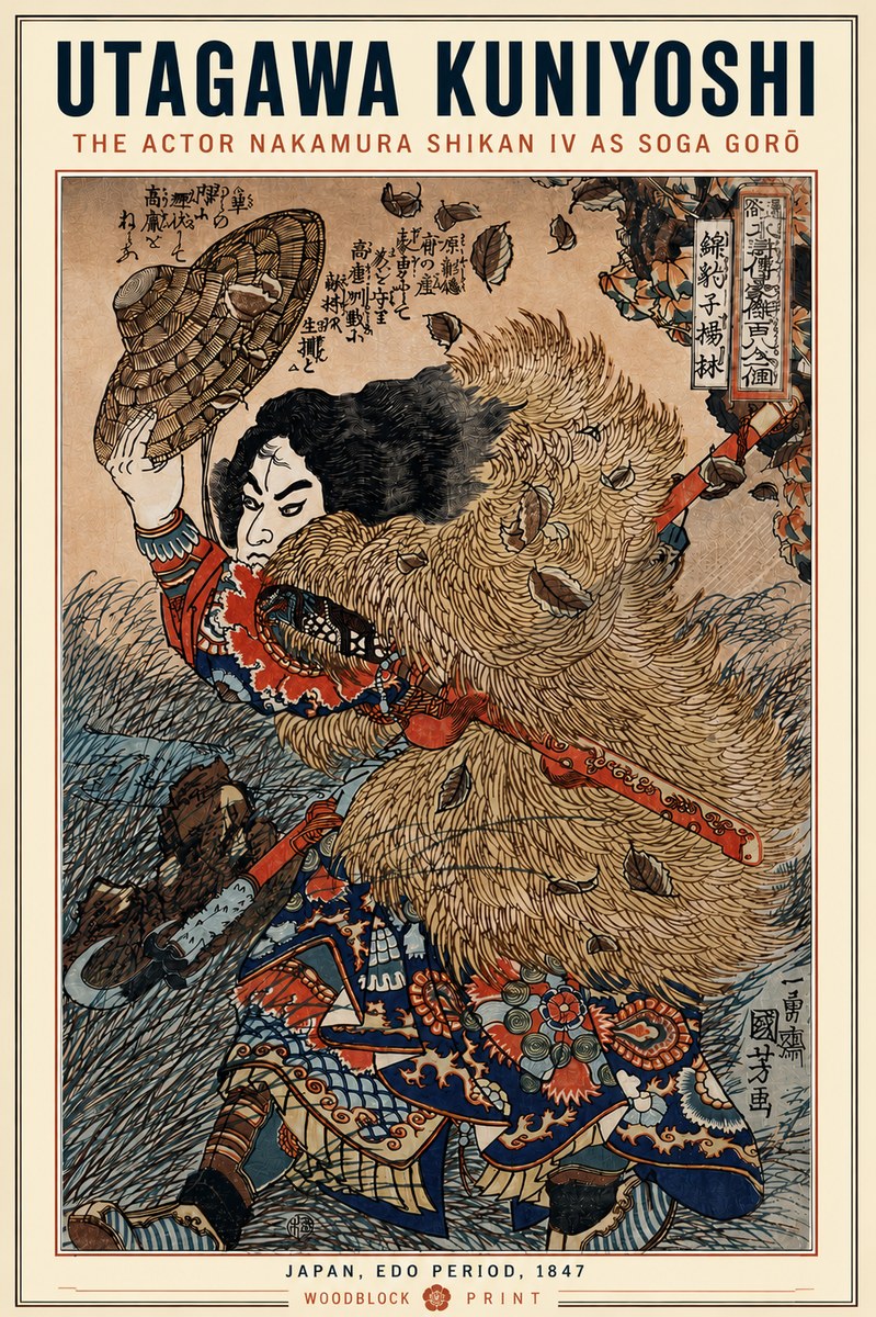 Utagawa Kuniyoshi The Actor Nakamura Shikan Iv as Soga Gorō No5 - Plakat