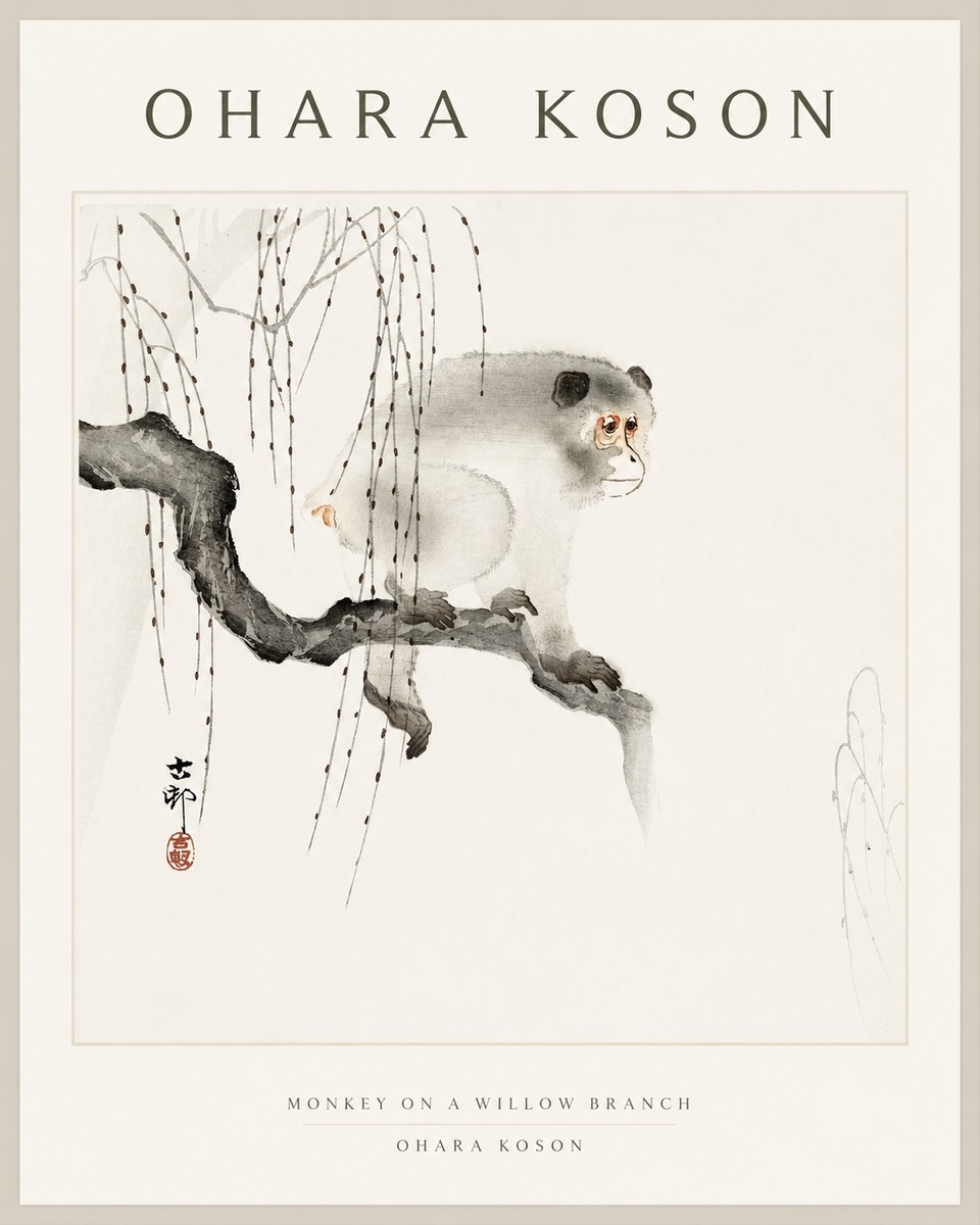 Ohara Koson Monkey on a Willow Branch No1 - Plakat