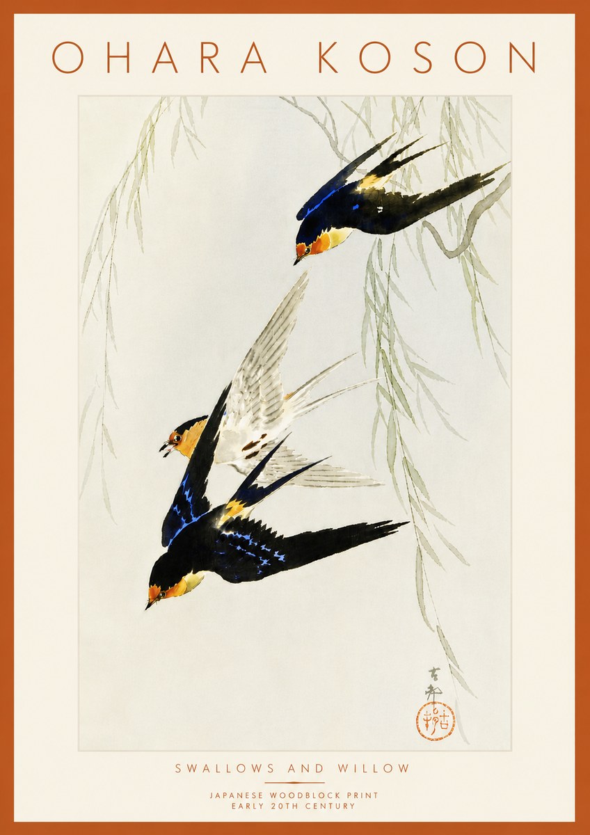Ohara Koson Swallows and Willow I No6 - Plakat