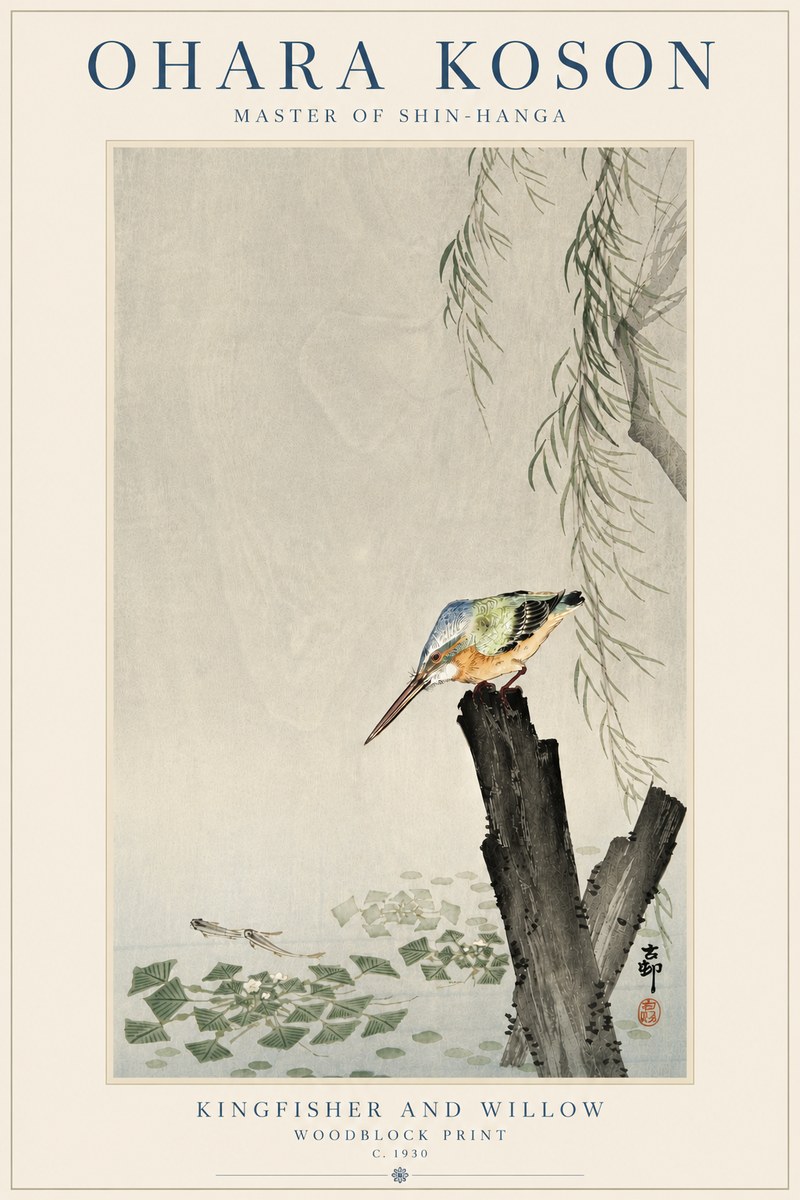 Ohara Koson Kingfisher and Willow No5 - Plakat