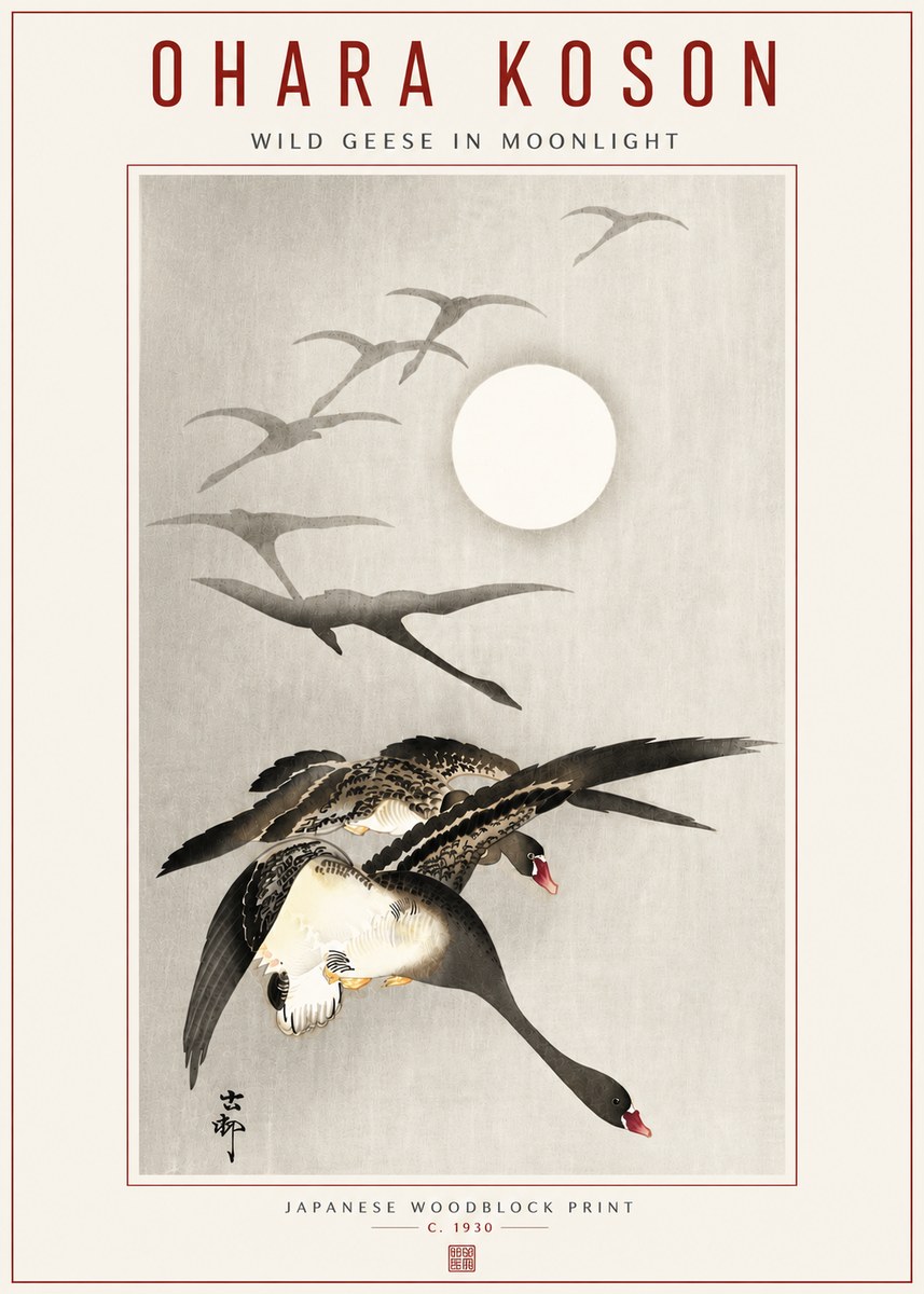 Ohara Koson Wild Geese in Moonlight I No5 - Plakat