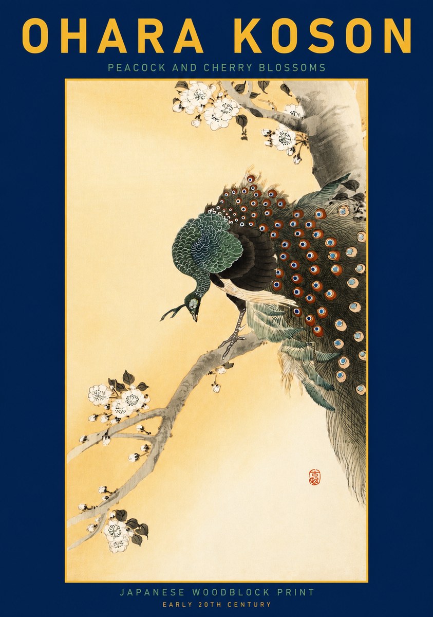 Ohara Koson Peacock and Cherry Blossoms No3 - Plakat