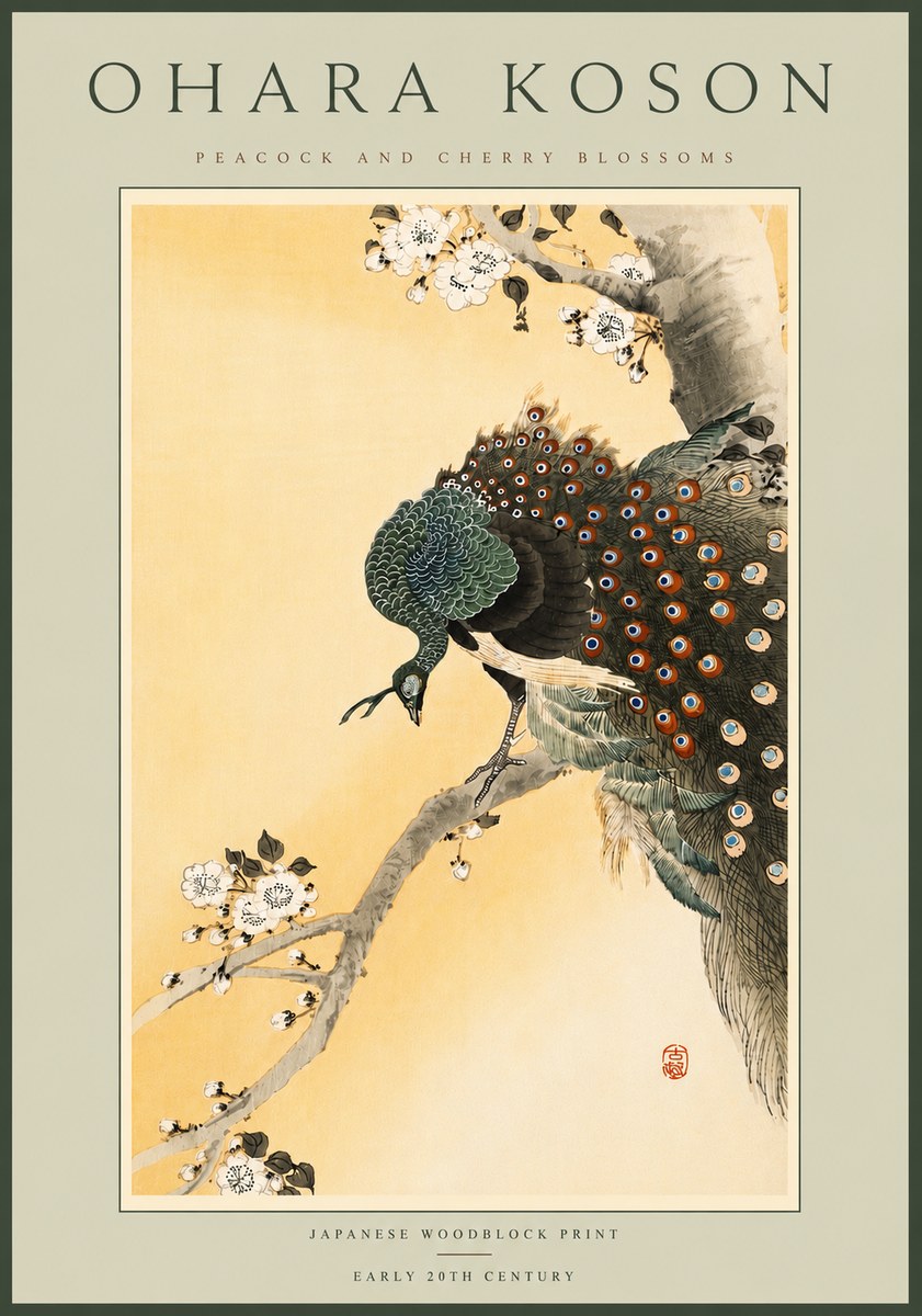 Ohara Koson Peacock and Cherry Blossoms No6 - Plakat