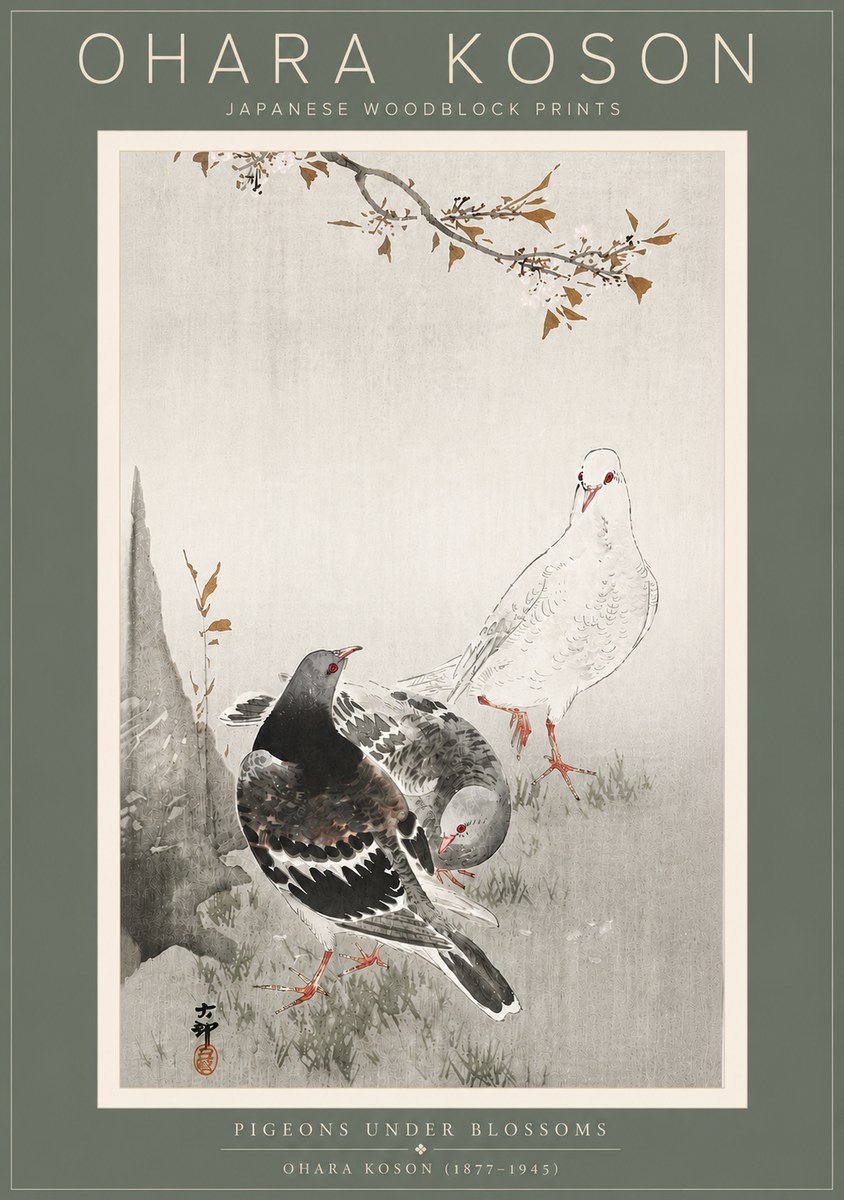 Ohara Koson Pigeons Under Blossoms No5 - Plakat