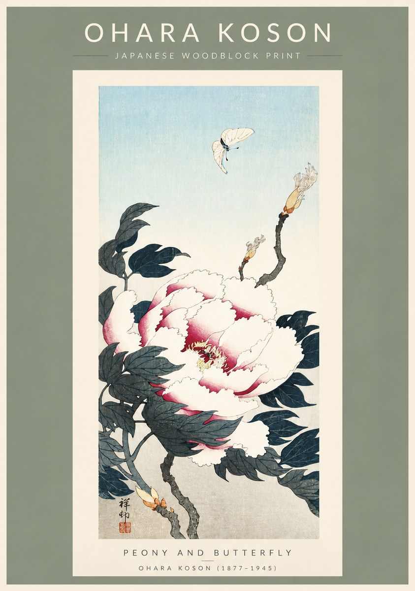 Ohara Koson Peony and Butterfly No3 - Plakat