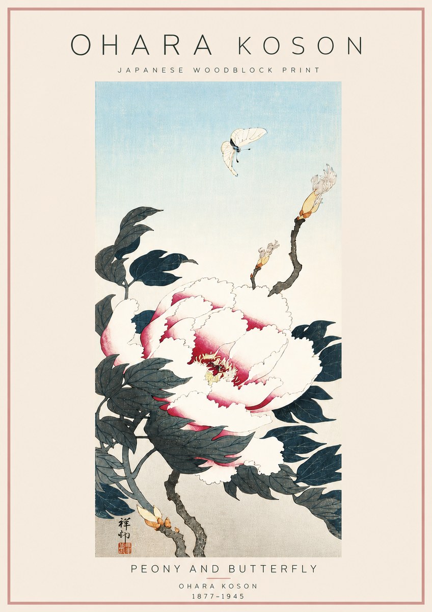 Ohara Koson Peony and Butterfly No6 - Plakat