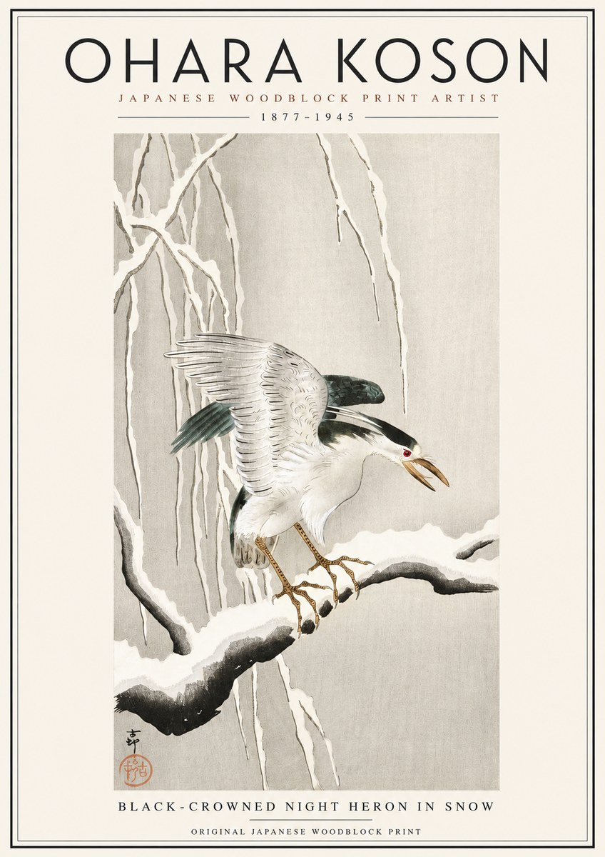 Ohara Koson Black-crowned Night Heron in Snow No3 - Plakat
