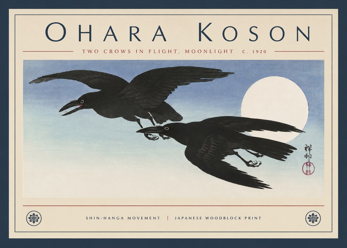 Ohara Koson Two Crows in Flight, Moonlight No4 - Plakat