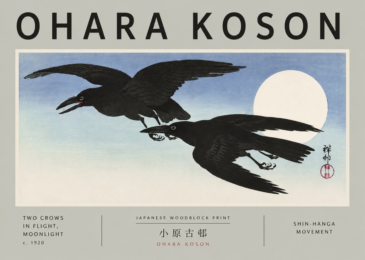 Ohara Koson Two Crows in Flight, Moonlight No5 - Plakat