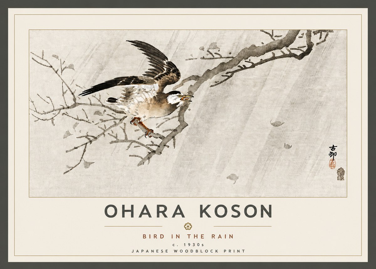 Ohara Koson Bird in the Rain No5 - Plakat