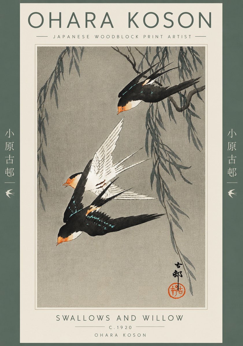 Ohara Koson Swallows and Willow II No5 - Plakat