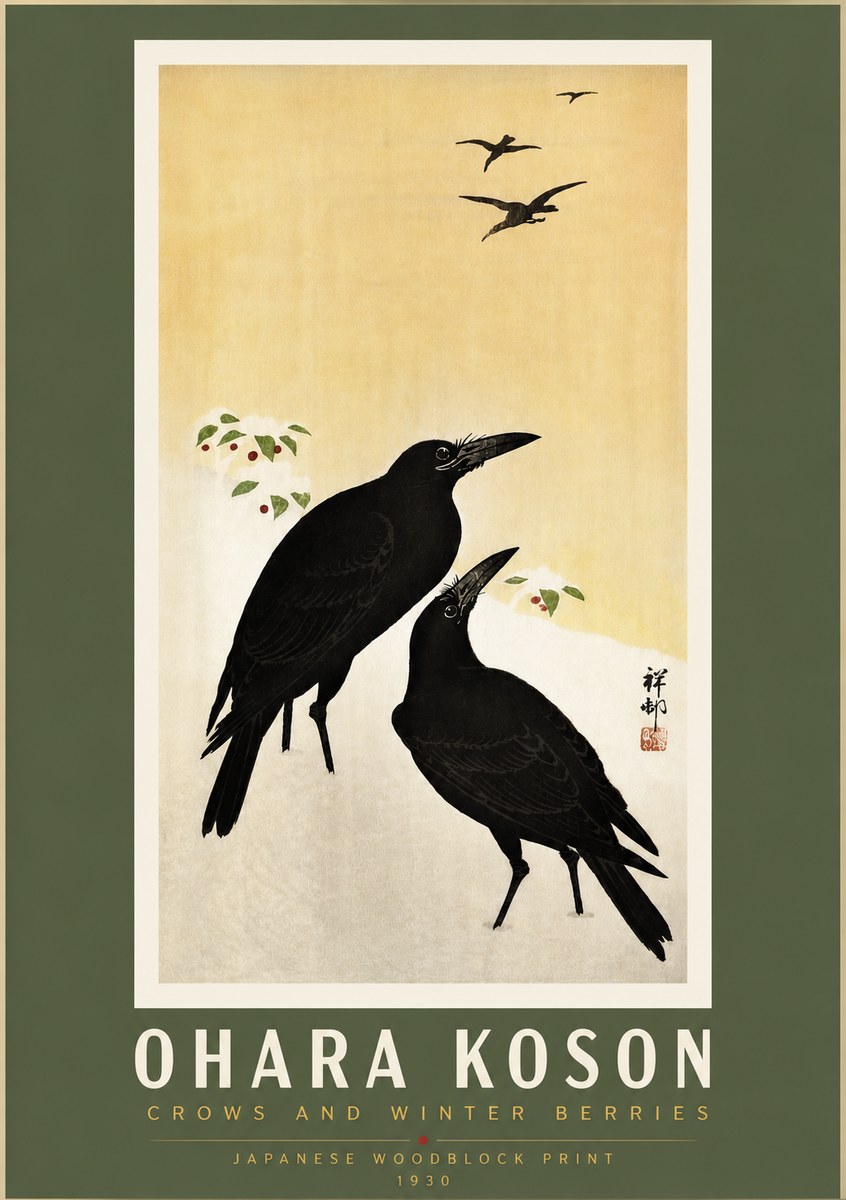 Ohara Koson Crows and Winter Berries No5 - Plakat