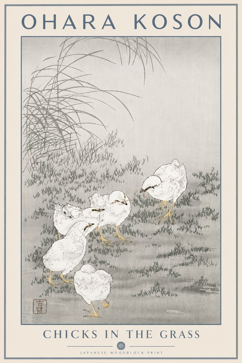 Ohara Koson Chicks in the Grass No5 - Plakat